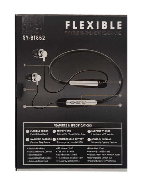 Bluetooth 5.0 Wireless Flexible on-the-neck Headphones - BT852 - Sliver