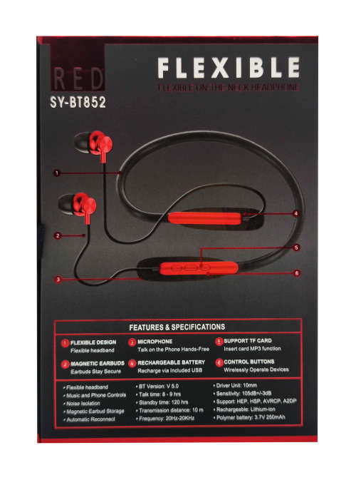 Bluetooth 5.0 Wireless Flexible on-the-neck Headphones - BT852 - Red