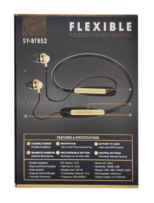 Bluetooth 5.0 Wireless Flexible on-the-neck Headphones - BT852 - Gold