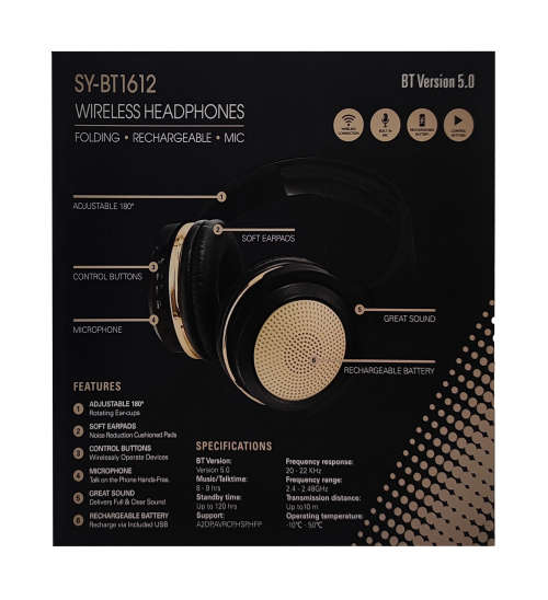 Bluetooth 5.0 Wireless Headphones - BT1612 - Gold