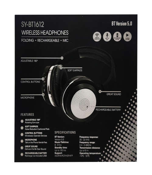 Bluetooth 5.0 Wireless Headphones - BT1612 - Silver