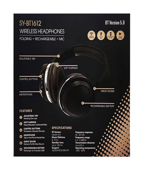 Bluetooth 5.0 Wireless Headphones - BT1612 - Black