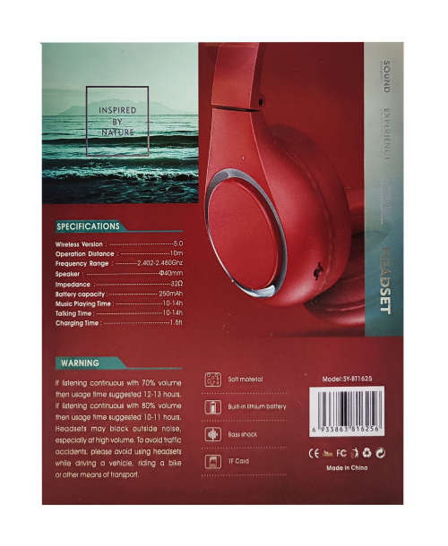 Bluetooth 5.0 Wireless Headphones - BT1625 - Red