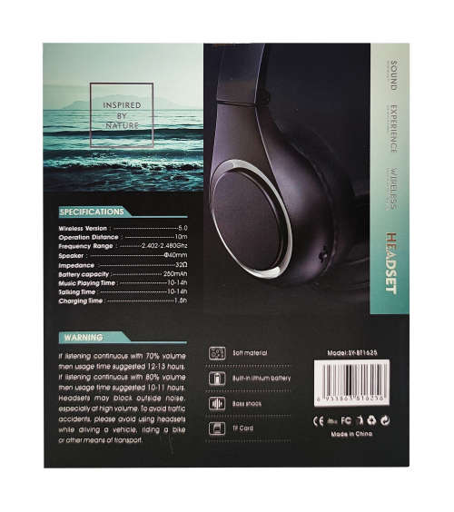Bluetooth 5.0 Wireless Headphones - BT1625 - Black