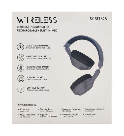 Bluetooth 5.0 Wireless Headphones - BT1628 - Grey