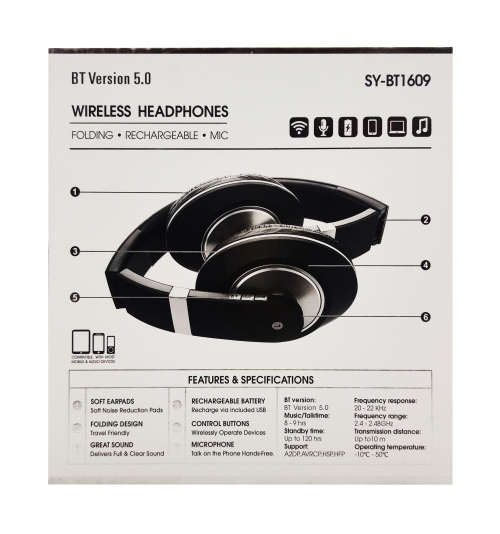 Bluetooth 5.0 Wireless Headphones - BT1609 - Silver