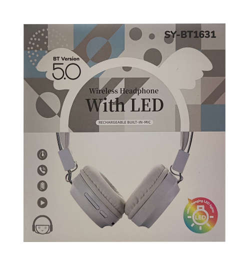 Bluetooth 5.0 Wireless Headphones With LED - BT1631 - White