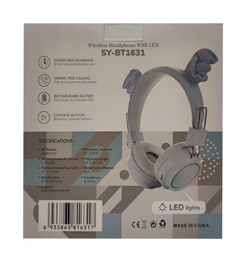 Bluetooth 5.0 Wireless Headphones With LED - BT1631 - White
