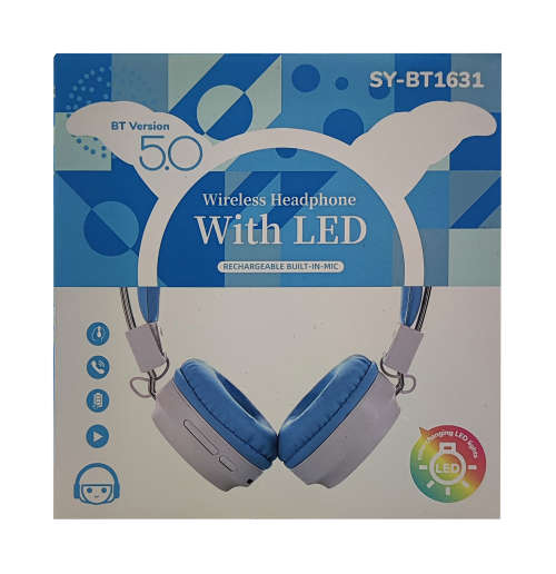 Bluetooth 5.0 Wireless Headphones With LED - BT1631 - Blue