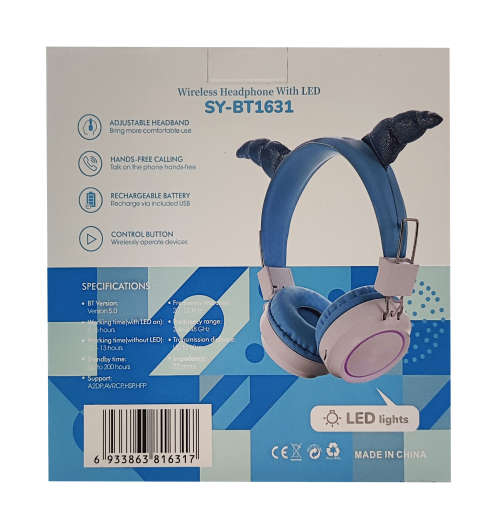 Bluetooth 5.0 Wireless Headphones With LED - BT1631 - Blue
