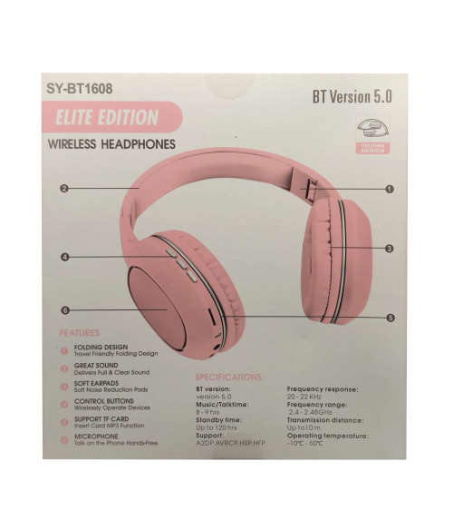 Bluetooth 5.0 Wireless Headphones - BT1608 - Pink