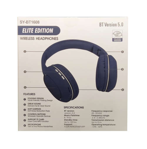 Bluetooth 5.0 Wireless Headphones - BT1608 - Blue