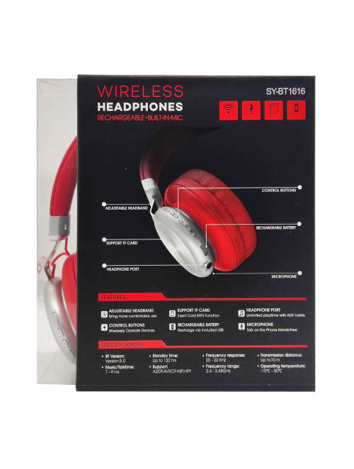 Bluetooth 5.0 Wireless Headphones - BT1616 - Red