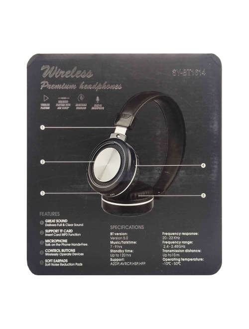 Bluetooth 5.0 Wireless Headphones - BT1614 - Black