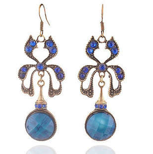 ***True Grace Accessories*** Palace Retro Vintage Style Copper Hollow Blue Dangle Earrings