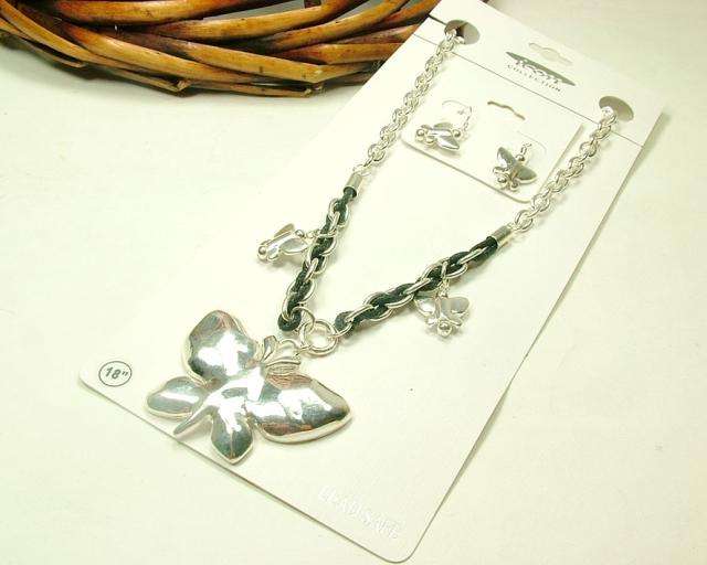***True Grace Accessories*** Silver Tone Cute Butterflies Chain Necklace + Dangle Earrings SET