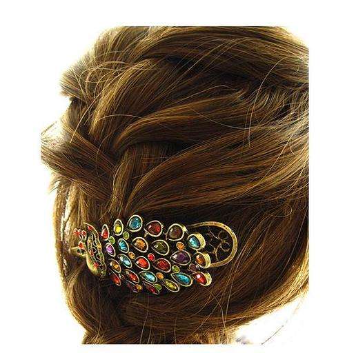 Retro Vintage Colorful Rhinestone Bronze Peacock Hair Clip