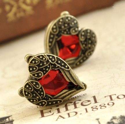 ***True Grace Accessories*** Retro Vintage Angel's Wings Red Heart Shape Copper Bronze Ruby Earrings