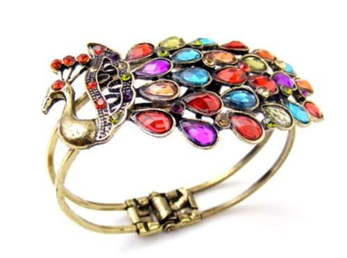 ***True Grace Accessories*** Vintage Style Rainbow Crystal Peacock Bangle Bracelet Cuff
