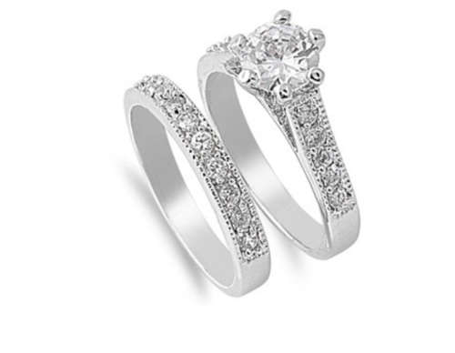 Romantic Rhodium Plated Set Clear Round CZ Stone Wedding or Engagement Ring