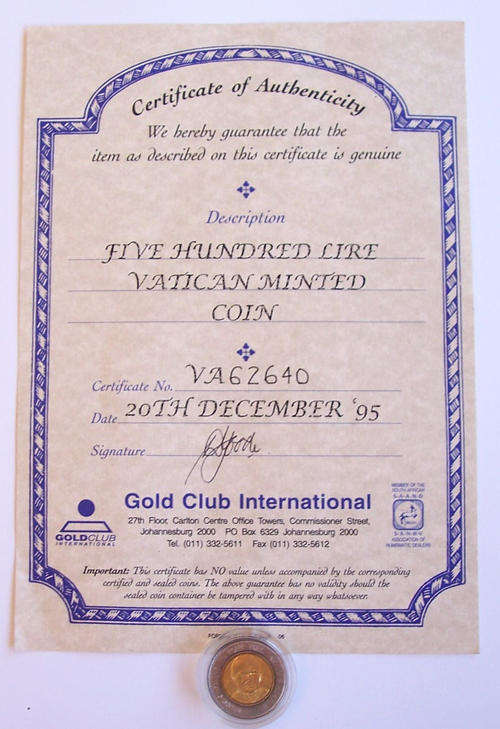 1995 VATICAN POPE JOHN PAUL II - 500 LIRE VATICAN MINTED COIN + COA