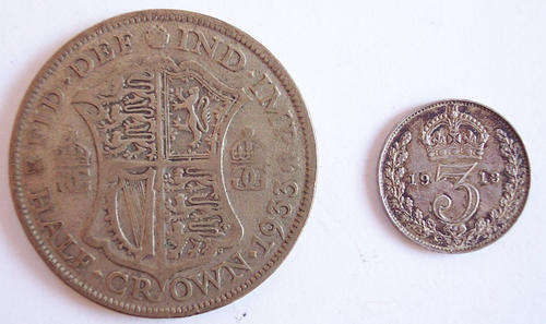 1913 SILVER KING GEORGE 5TH TICKEY-3p-PLUS 1933 SILVER CROWN. VERY SCARCE