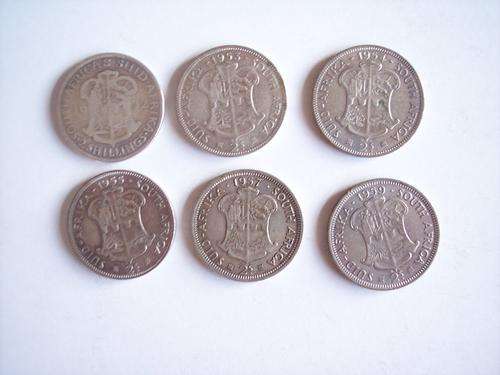 UNION OF SA - 6 SILVER 2 SHILLING COINS. 1932, 1953, 1954, 1955, 1957 & 1959