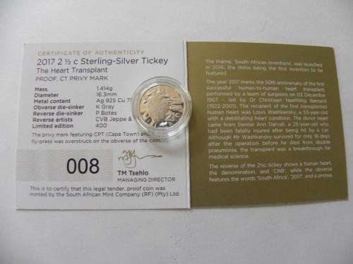 2017 - 50th ANNIVERSARY OF 1stHEART TRANSPLANT FLYPRESS CT MINT MARKED TICKEY.IN SAM POUCH+COA