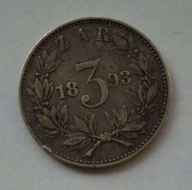 1893 ZAR SILVER KRUGER 3 PENCE(TICKEY) COIN