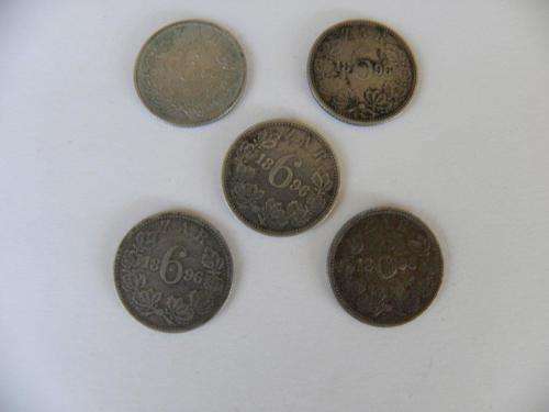1896 ZAR 6 PENCE SILVER KRUGER COINS x 5 COINS