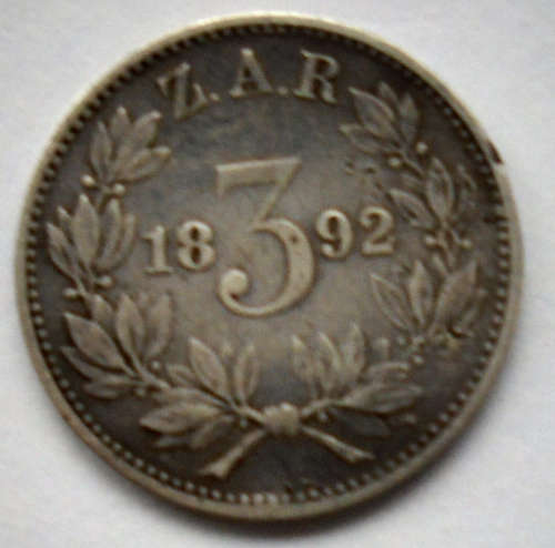 1892 ZAR SILVER 3 PENCE KRUGER COIN