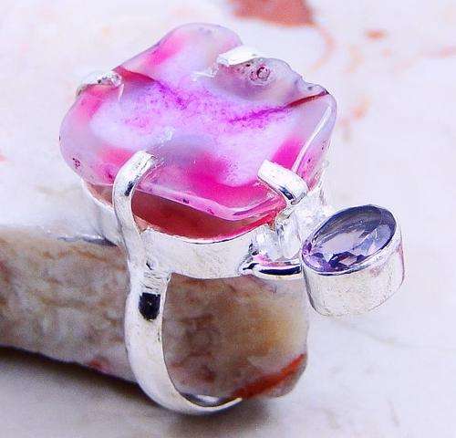 Free Shipping | NATURAL DRUZY & QUARTZ AMETHYST .925 SILVER RING US Size 6.5 ; (Z11518)