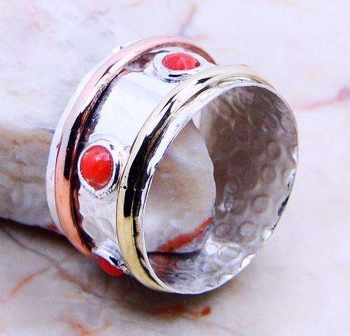RED CORAL .925 SILVER RING US Size 8.5 ; (Z12068)
