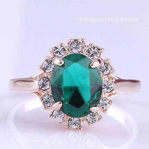 18K Rose Gold Emerald Green Ring Elegant Jewelry CZ Diamond Austrian Crystal Full Size Wholesale