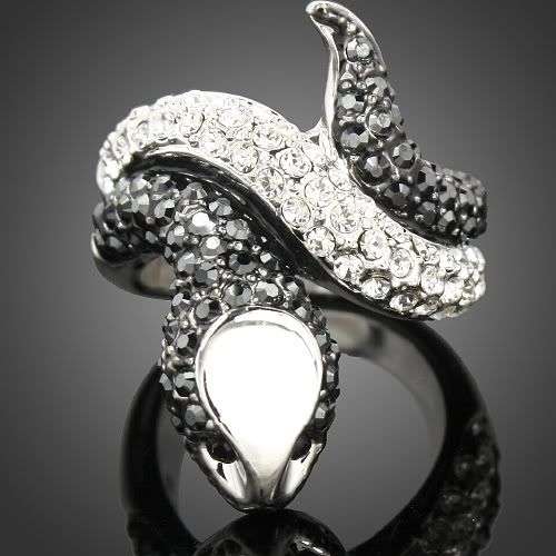 White Gold Snake Ring GP Black & Clear Rhinestone 676 - Size 7, 8 and 9 available