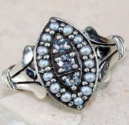 Aquamarine & Seed Pearl 925 Silver Filigree Ring Sz 6.5