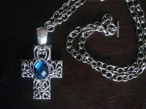 Beautiful Blue & Silver Cross Pendant Necklace