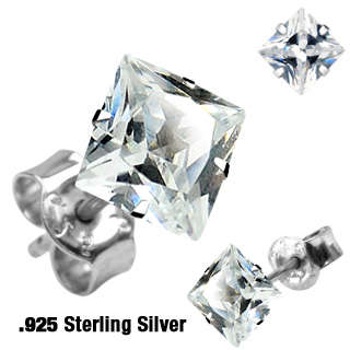 R1 START! PRETTY AS A PRINCESS Sterling Silver Stud Princess Cut CZ Earrings
