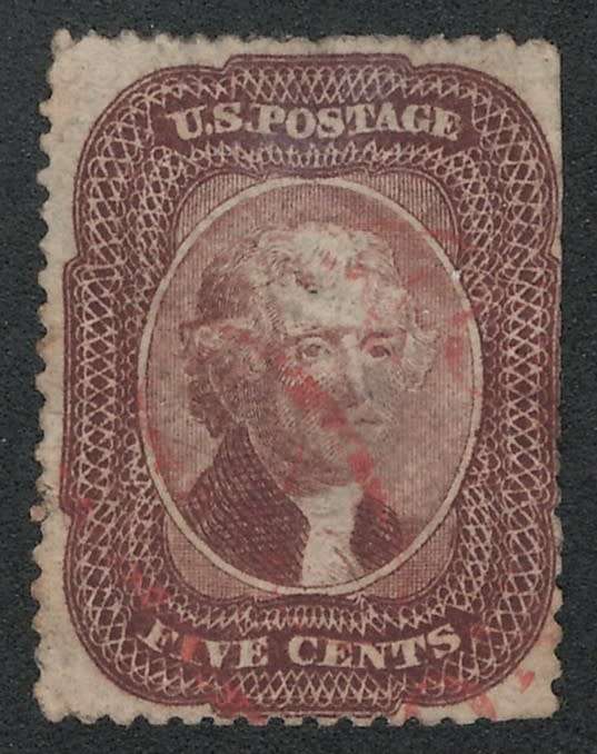 USA-Scott #29-1857/61-5c-Brown-Type I  used. Price R495 (cv R7,400)