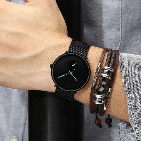 Crrju Mens Ultra Thin Black Stainless Steel Water Proof Watch