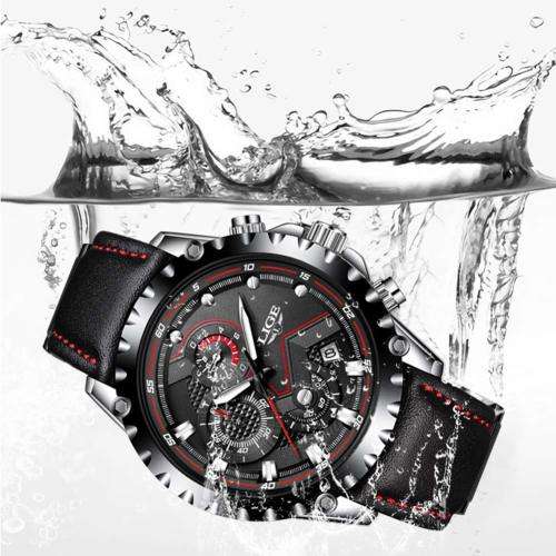 LIGE Waterproof Chronograph Sport Analog Quartz Leather Watch