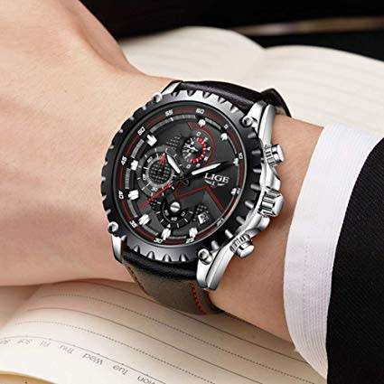 LIGE Waterproof Chronograph Sport Analog Quartz Leather Watch