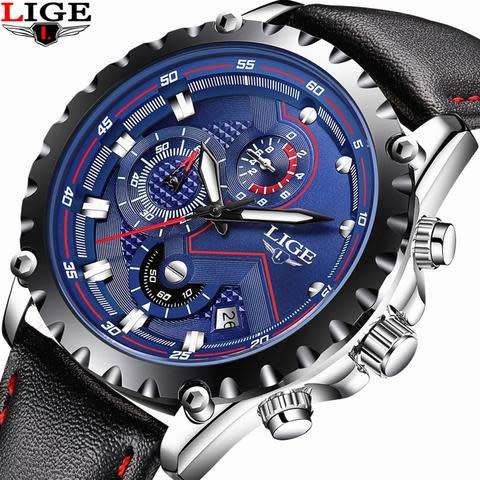LIGE Waterproof Chronograph Sport Analog Quartz Leather Watch