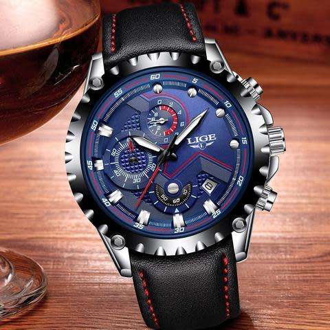 LIGE Waterproof Chronograph Sport Analog Quartz Leather Watch
