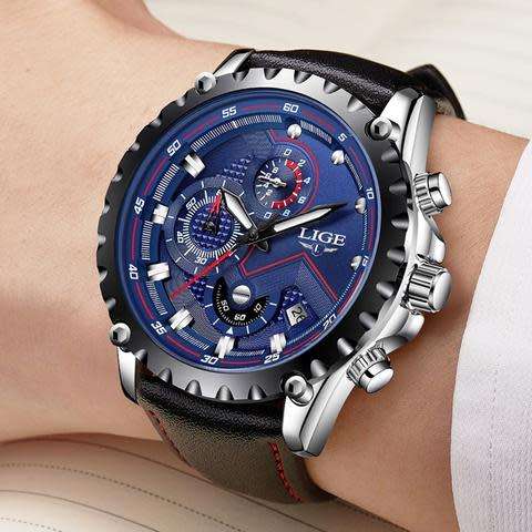 LIGE Waterproof Chronograph Sport Analog Quartz Leather Watch