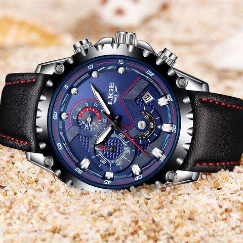 LIGE Waterproof Chronograph Sport Analog Quartz Leather Watch
