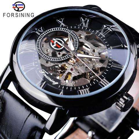Forsining 3d Logo Design Leather Skeleton Mechanical Watch