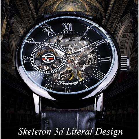 Forsining 3d Logo Design Leather Skeleton Mechanical Watch