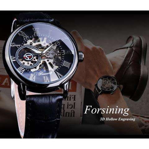 Forsining 3d Logo Design Leather Skeleton Mechanical Watch