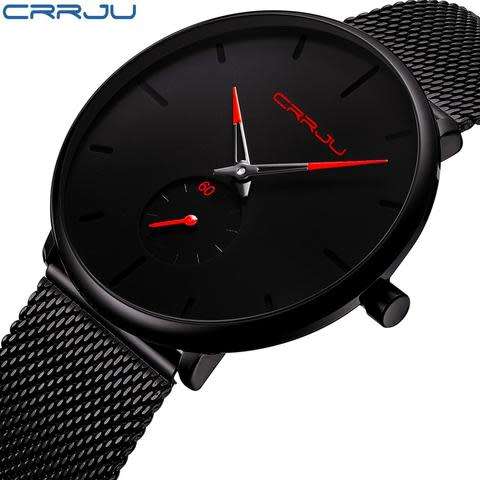 Crrju Mens Ultra Thin Black Stainless Steel Water Proof Watch